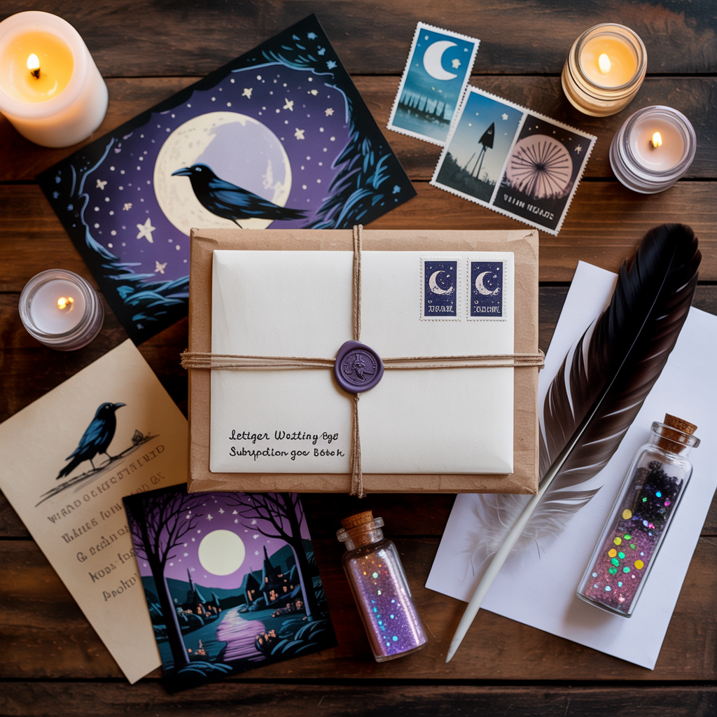 Monthly subscription box contents with wax-sealed letters, moonlit prints, and crow curiosities by candlelight