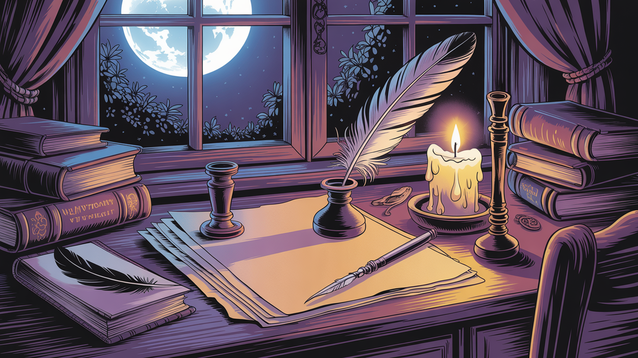 Letter writing desk by moonlight with candle, quill, and wax seal