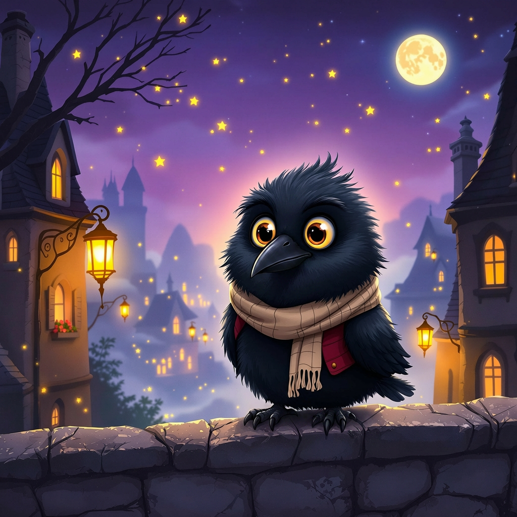Noir Crowfeathers perched on a stone wall in a moonlit twilight village