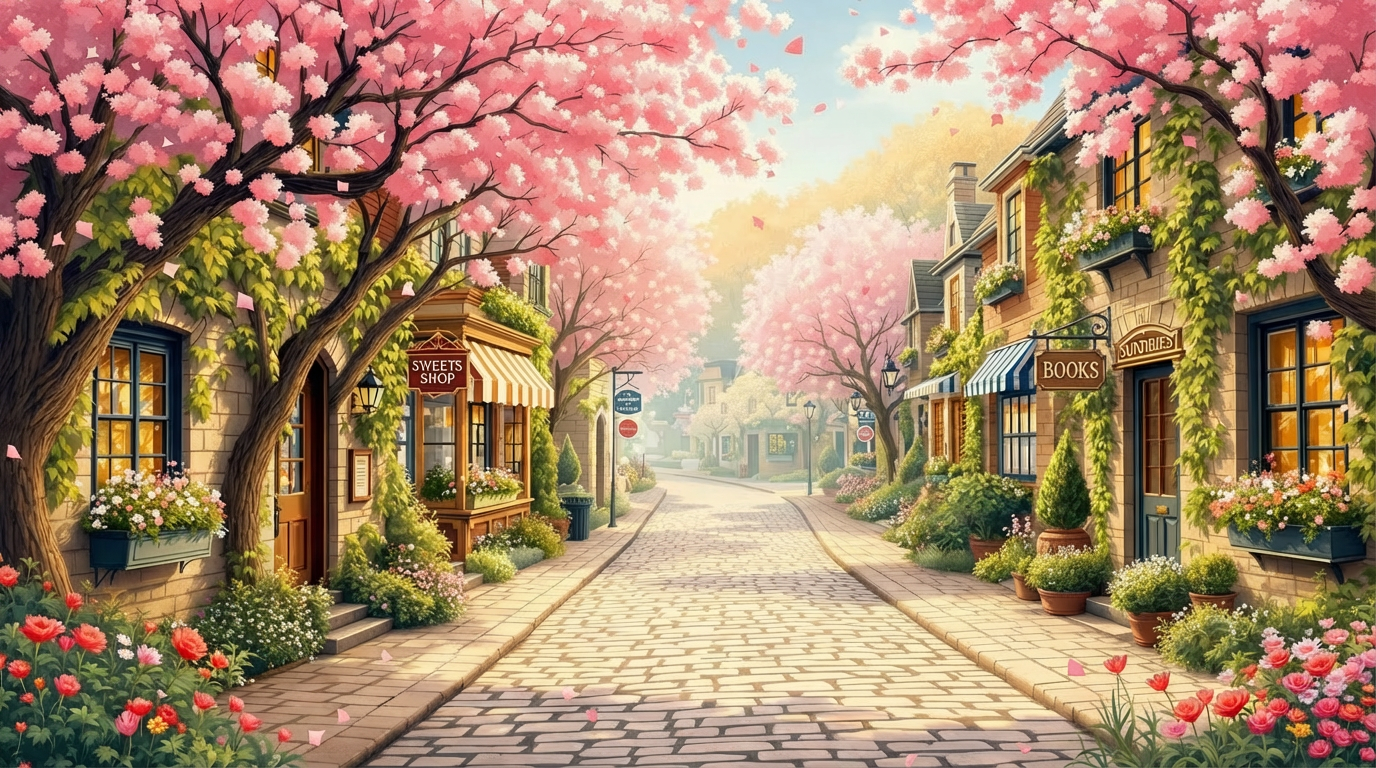 St. Michael's Crossing in spring with Sweets Shop and Books storefronts